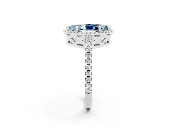 Silver Marquise Cut Aquamarine Halo Engagement Ring with Pavé Band and Prong Setting