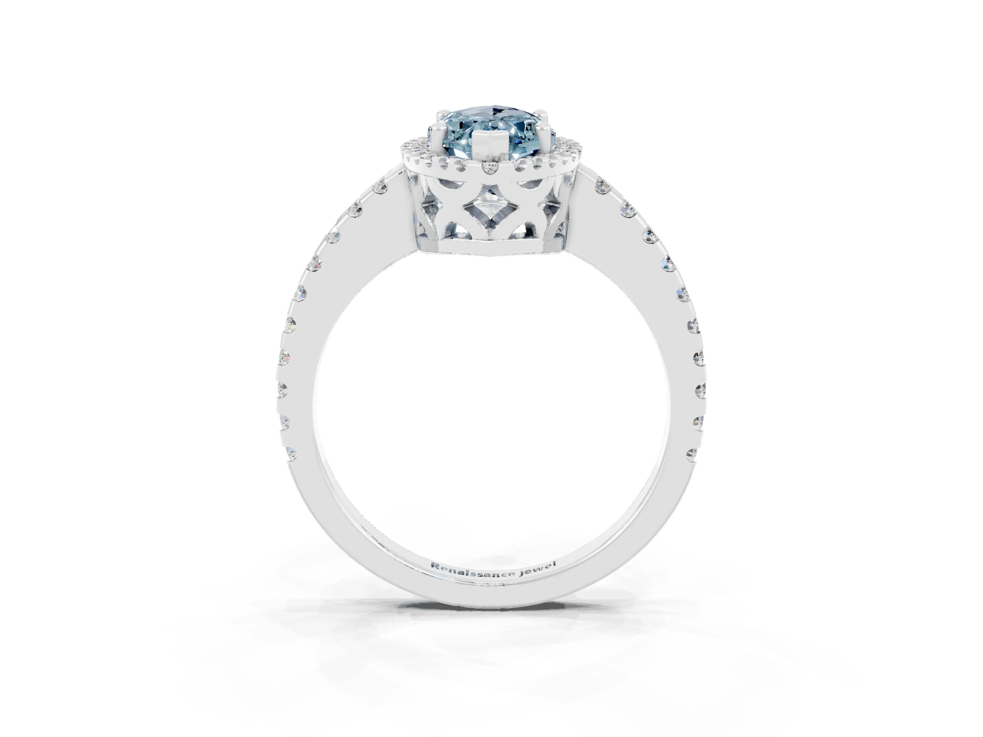White gold Marquise Cut Aquamarine Halo Engagement Ring with Pavé Band and Prong Setting_15