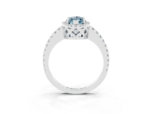 White gold Marquise Cut Aquamarine Halo Engagement Ring with Pavé Band and Prong Setting