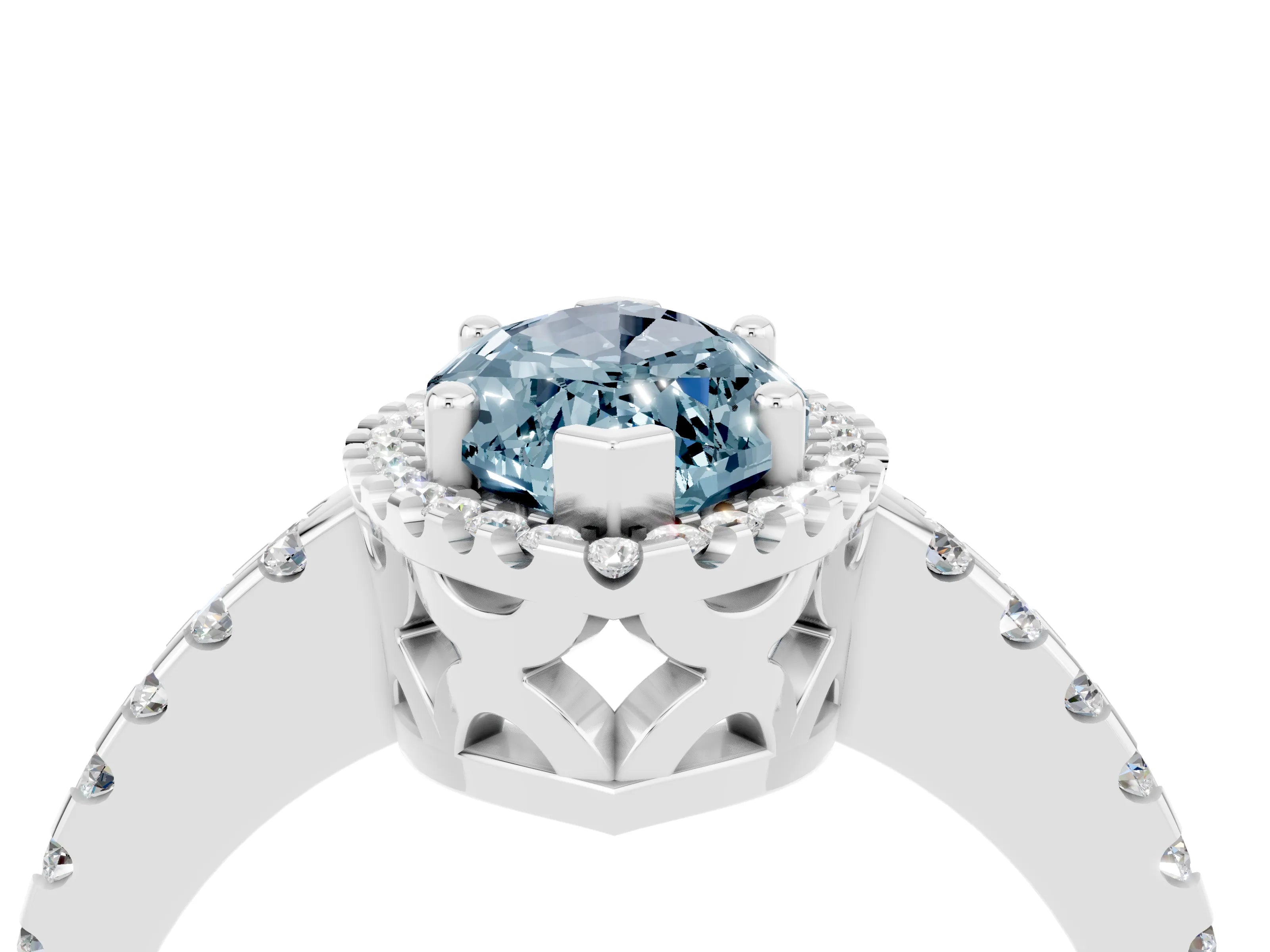White gold Marquise Cut Aquamarine Halo Engagement Ring with Pavé Band and Prong Setting_16