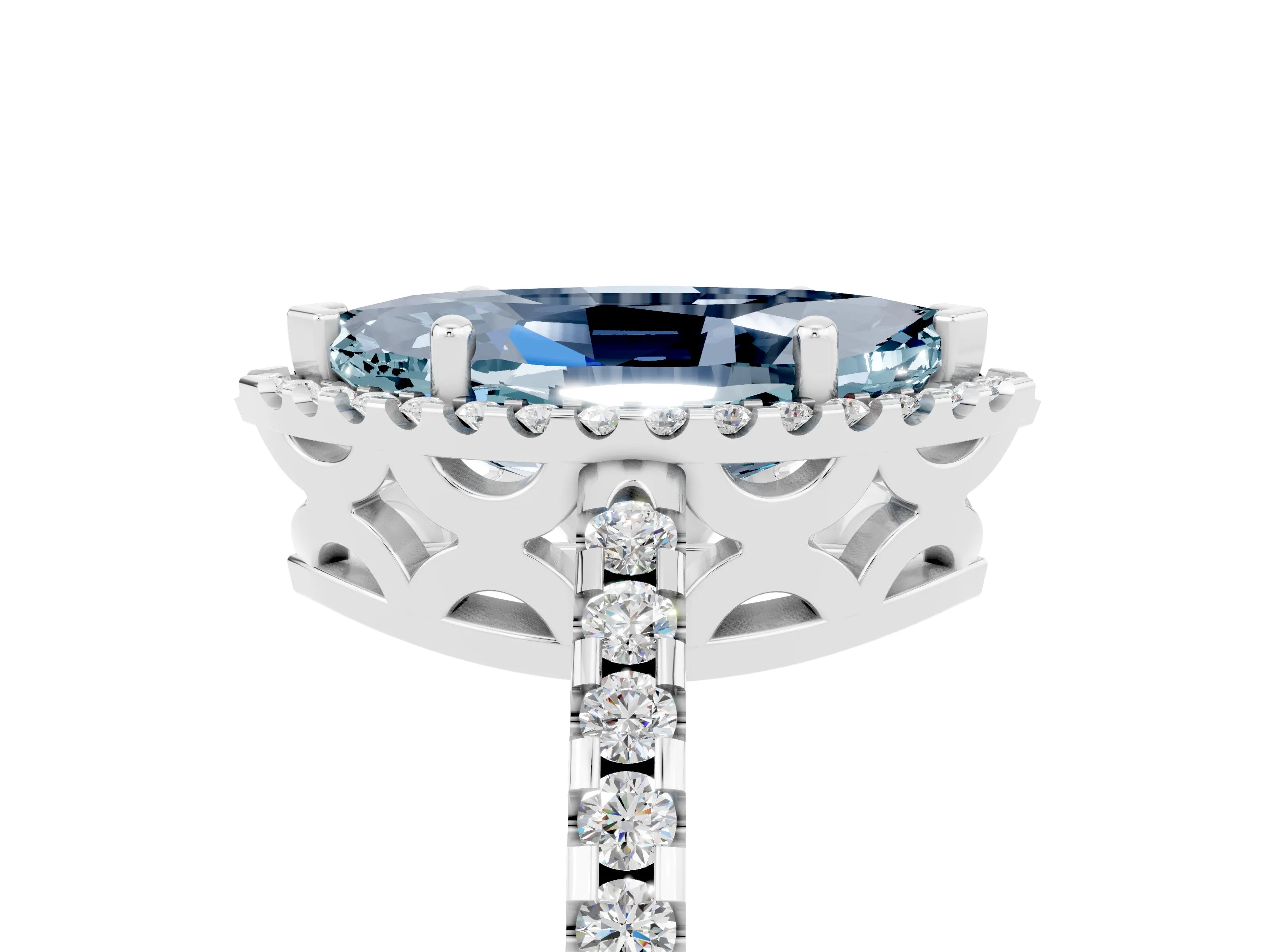 White gold Marquise Cut Aquamarine Halo Engagement Ring with Pavé Band and Prong Setting_17