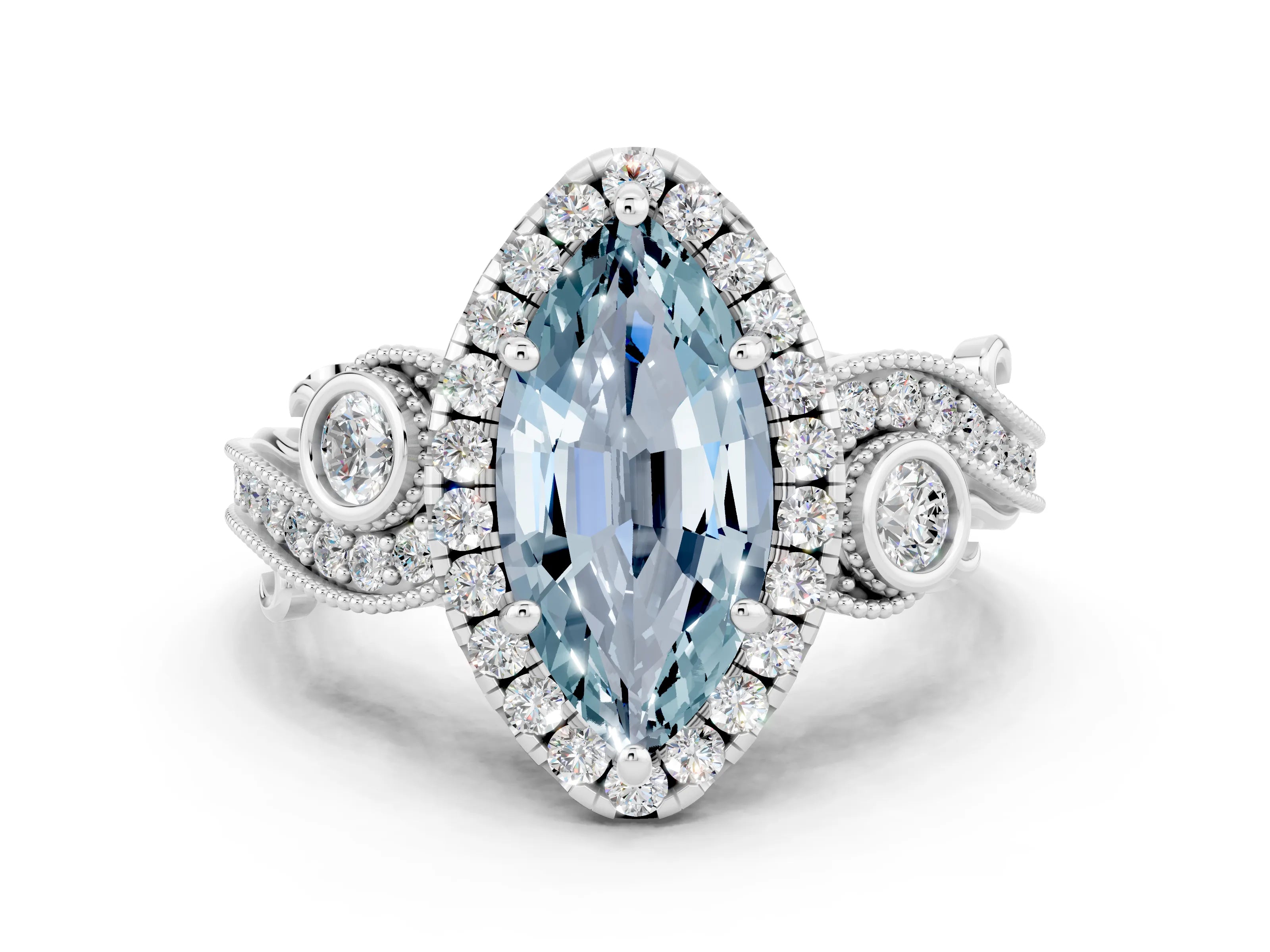 White gold Marquise Cut Aquamarine Halo Ring with Milgrain Pavé Band and Four-Prong Setting_24