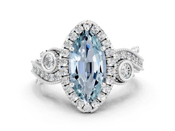 Silver Marquise Cut Aquamarine Halo Ring with Milgrain Pavé Band and Four-Prong Setting