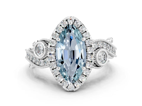White gold Marquise Cut Aquamarine Halo Ring with Milgrain Pavé Band and Four-Prong Setting_24