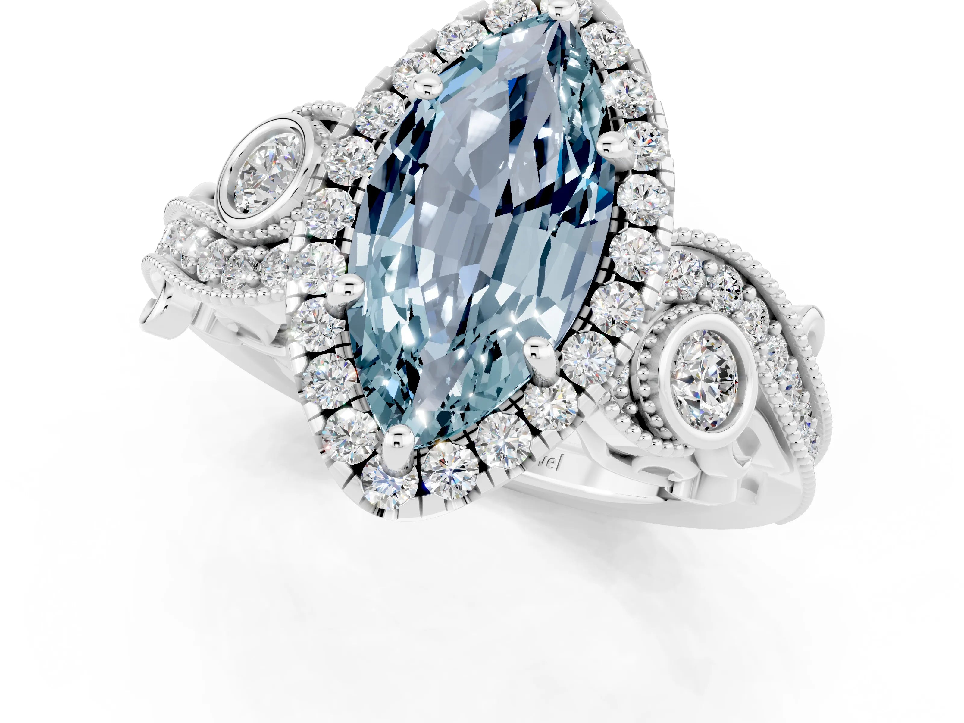 White gold Marquise Cut Aquamarine Halo Ring with Milgrain Pavé Band and Four-Prong Setting_25