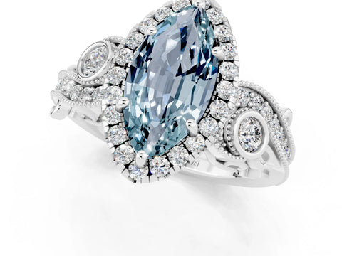White gold Marquise Cut Aquamarine Halo Ring with Milgrain Pavé Band and Four-Prong Setting_25