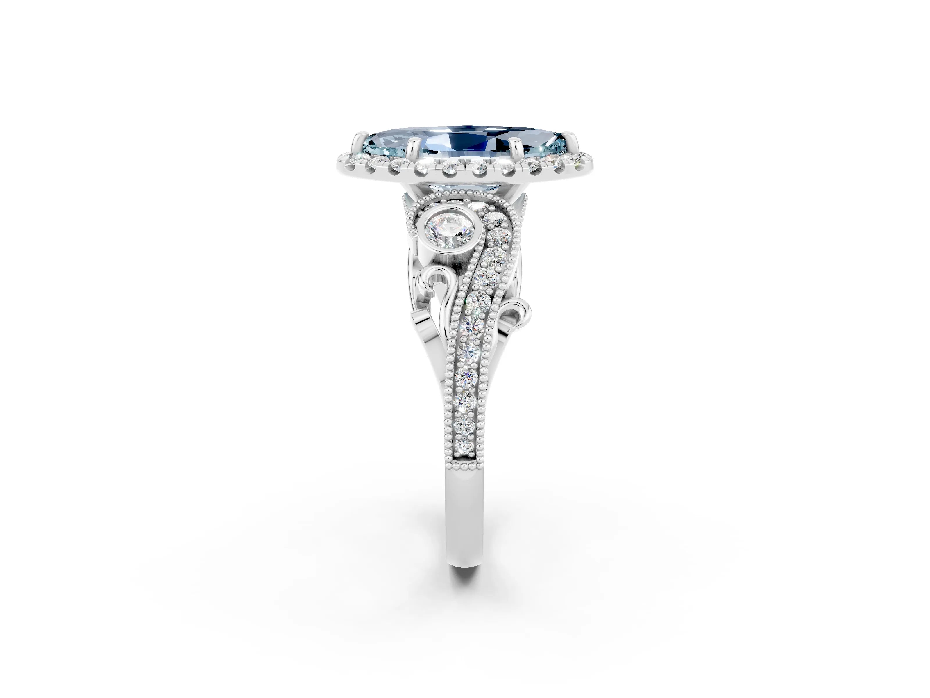 White gold Marquise Cut Aquamarine Halo Ring with Milgrain Pavé Band and Four-Prong Setting_26