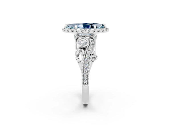 White gold Marquise Cut Aquamarine Halo Ring with Milgrain Pavé Band and Four-Prong Setting