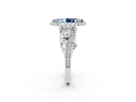 White gold Marquise Cut Aquamarine Halo Ring with Milgrain Pavé Band and Four-Prong Setting_26