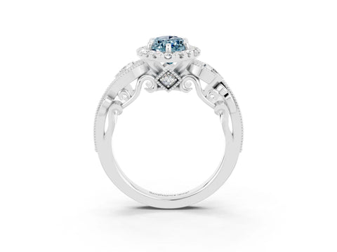 White gold Marquise Cut Aquamarine Halo Ring with Milgrain Pavé Band and Four-Prong Setting_27