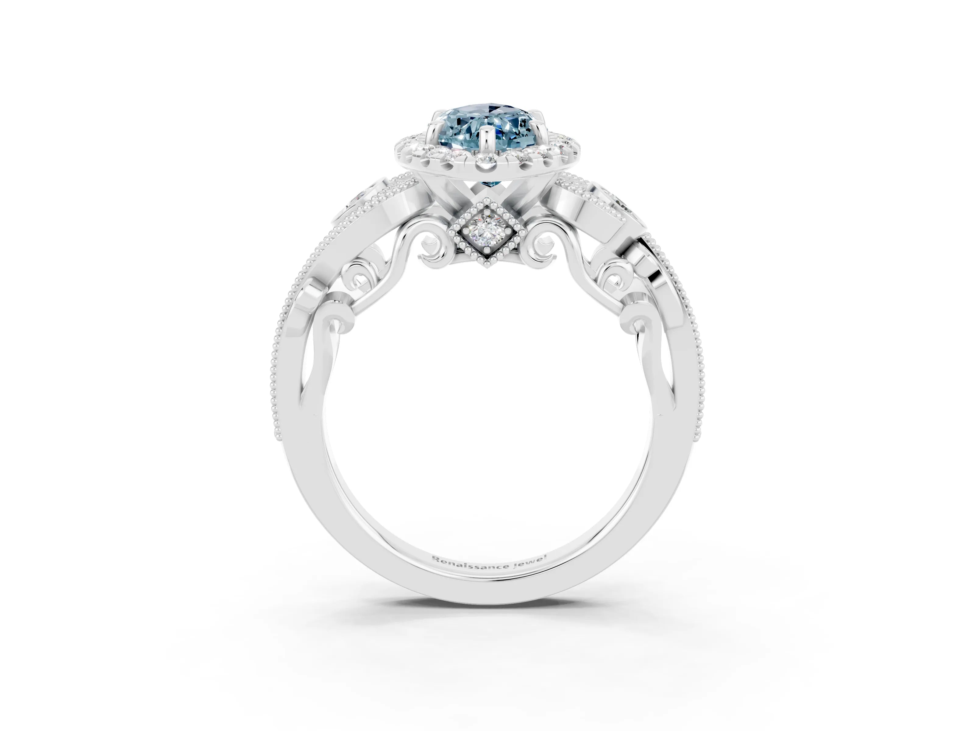 White gold Marquise Cut Aquamarine Halo Ring with Milgrain Pavé Band and Four-Prong Setting_27