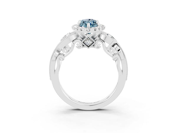 White gold Marquise Cut Aquamarine Halo Ring with Milgrain Pavé Band and Four-Prong Setting