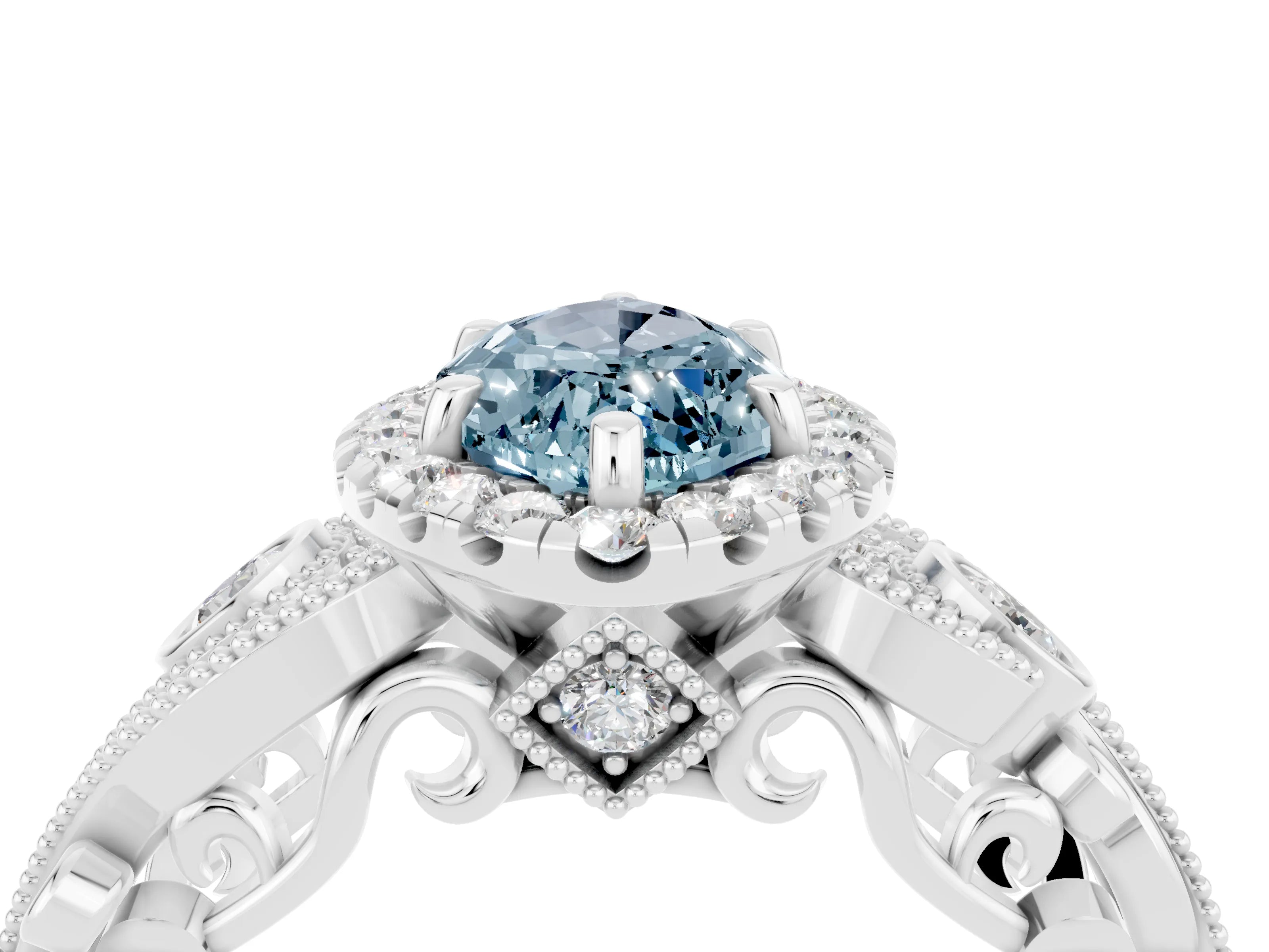 White gold Marquise Cut Aquamarine Halo Ring with Milgrain Pavé Band and Four-Prong Setting_28