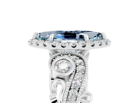 White gold Marquise Cut Aquamarine Halo Ring with Milgrain Pavé Band and Four-Prong Setting_29