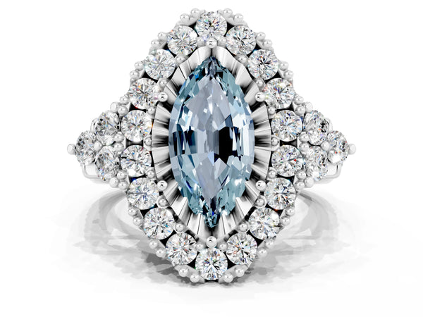 Platinum Marquise Cut Aquamarine Halo Ring with Pavé Band and Four-Prong Setting