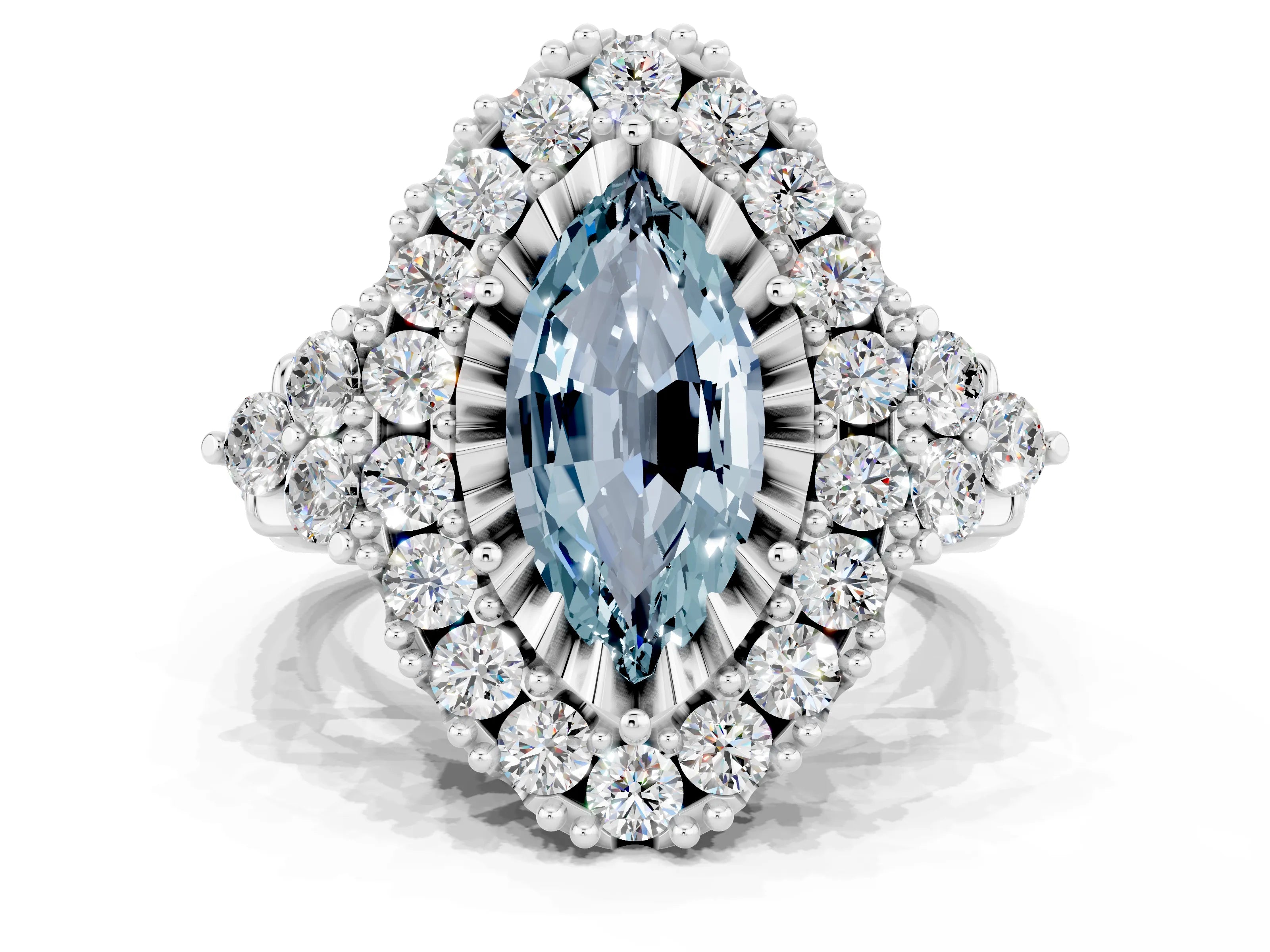 White gold Marquise Cut Aquamarine Halo Ring with Pavé Band and Four-Prong Setting_12