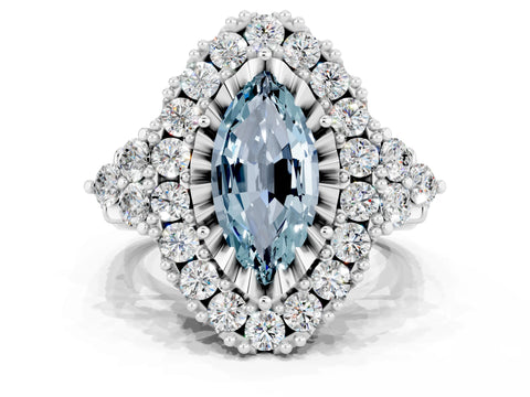 White gold Marquise Cut Aquamarine Halo Ring with Pavé Band and Four-Prong Setting_12