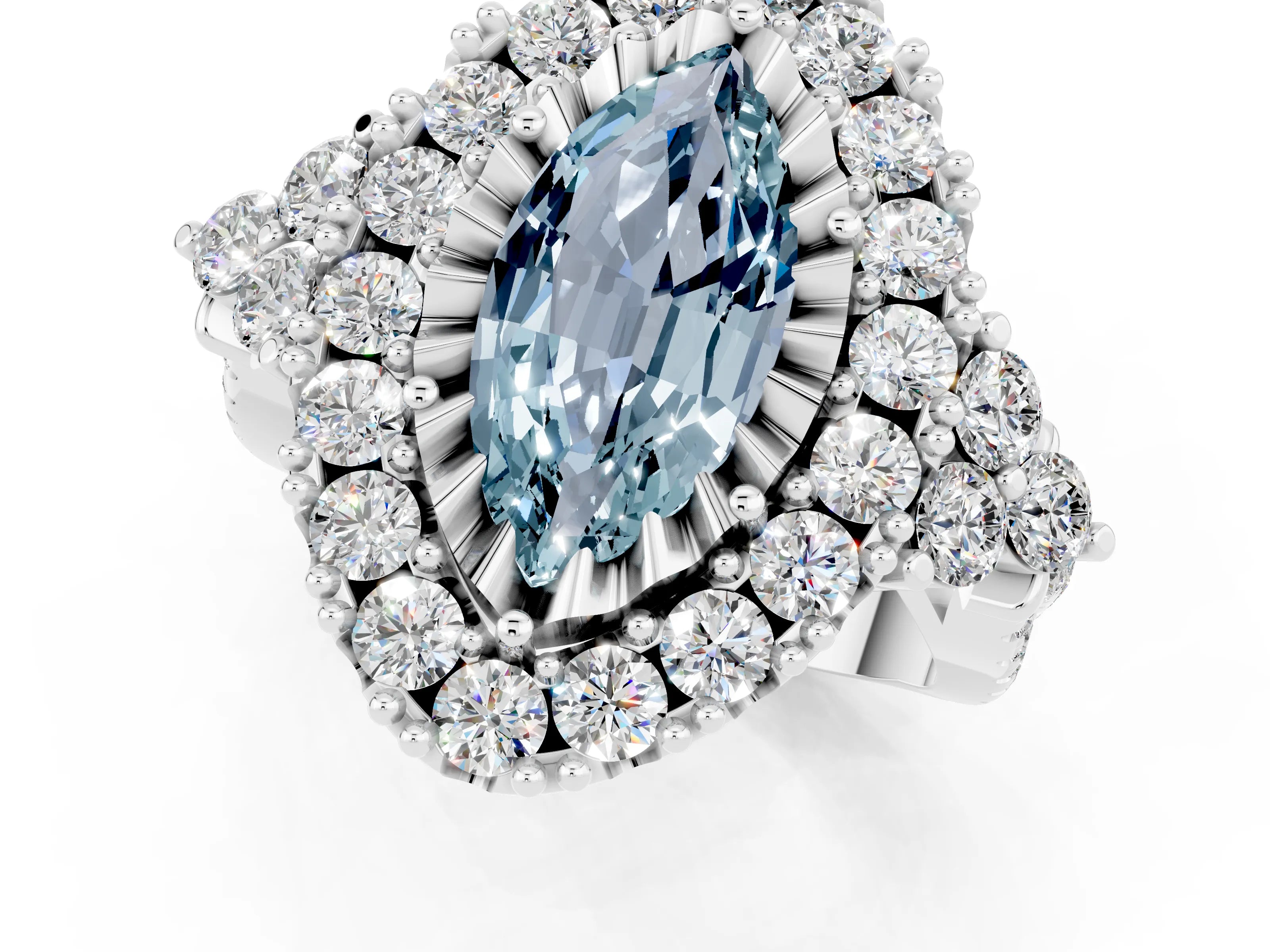 White gold Marquise Cut Aquamarine Halo Ring with Pavé Band and Four-Prong Setting_13