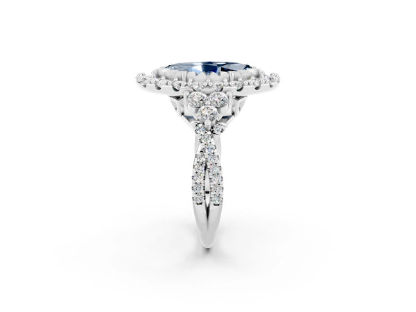 Platinum Marquise Cut Aquamarine Halo Ring with Pavé Band and Four-Prong Setting