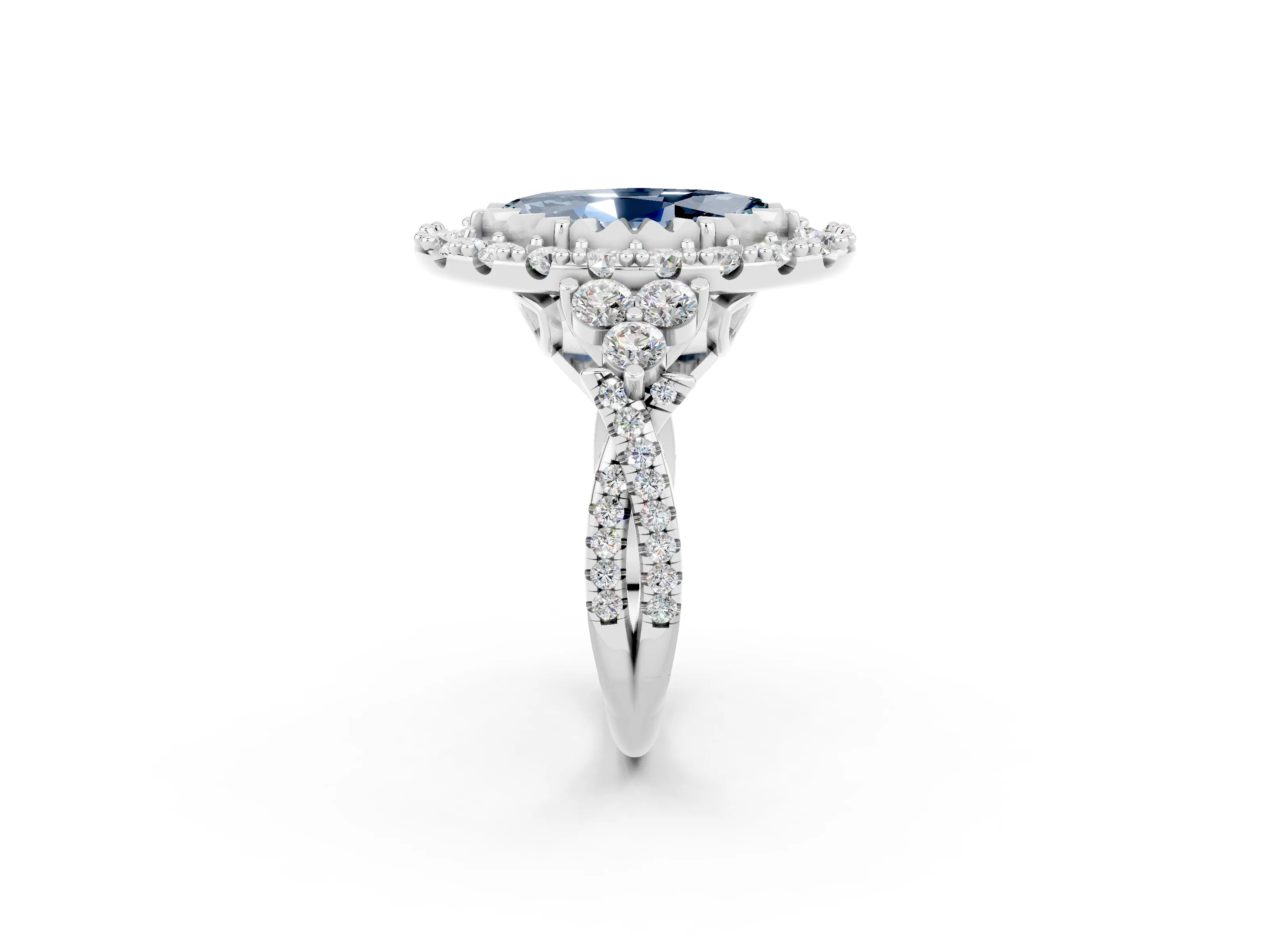 White gold Marquise Cut Aquamarine Halo Ring with Pavé Band and Four-Prong Setting_14