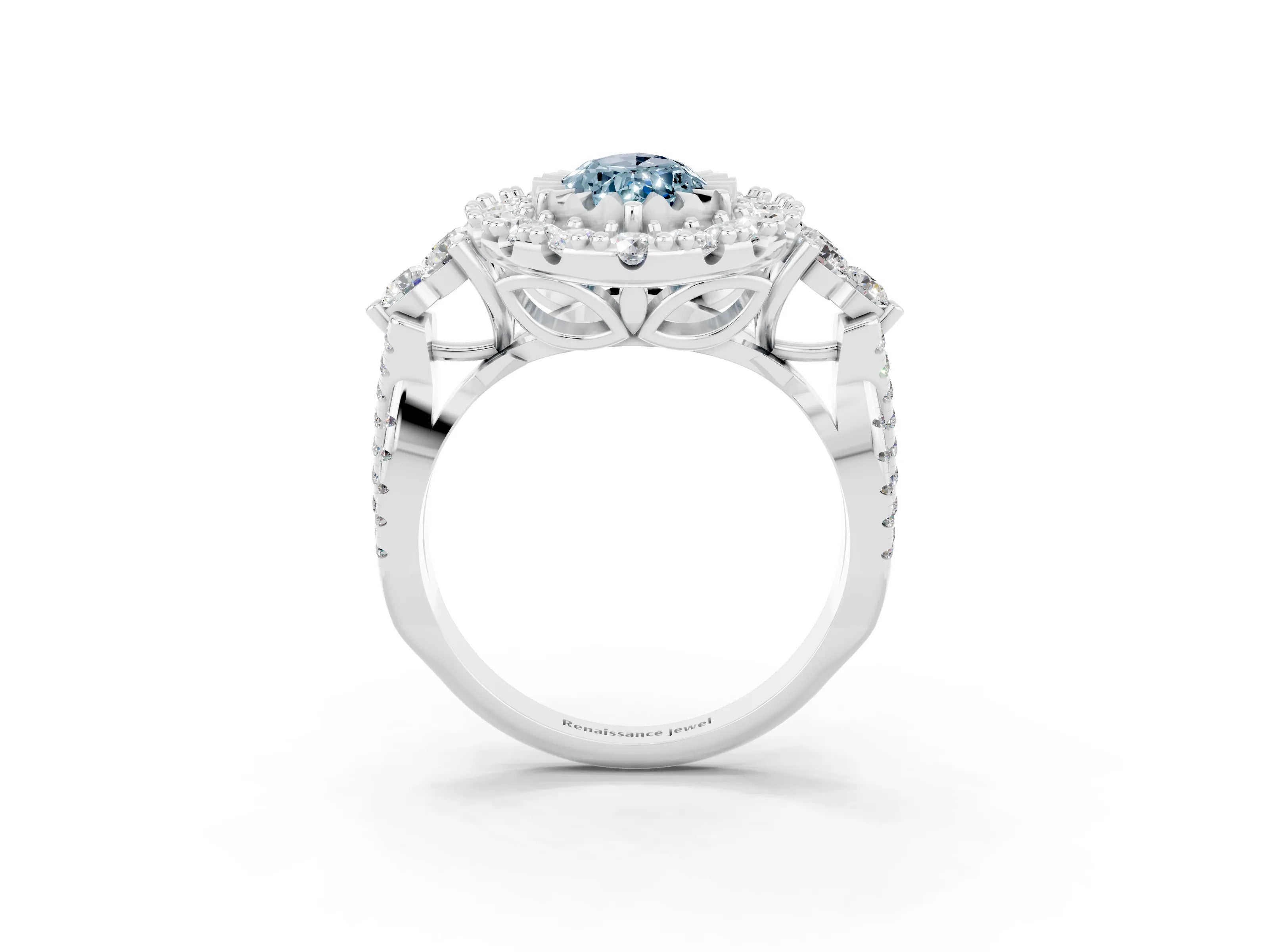 White gold Marquise Cut Aquamarine Halo Ring with Pavé Band and Four-Prong Setting_15