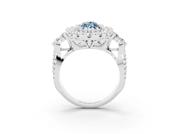 White gold Marquise Cut Aquamarine Halo Ring with Pavé Band and Four-Prong Setting