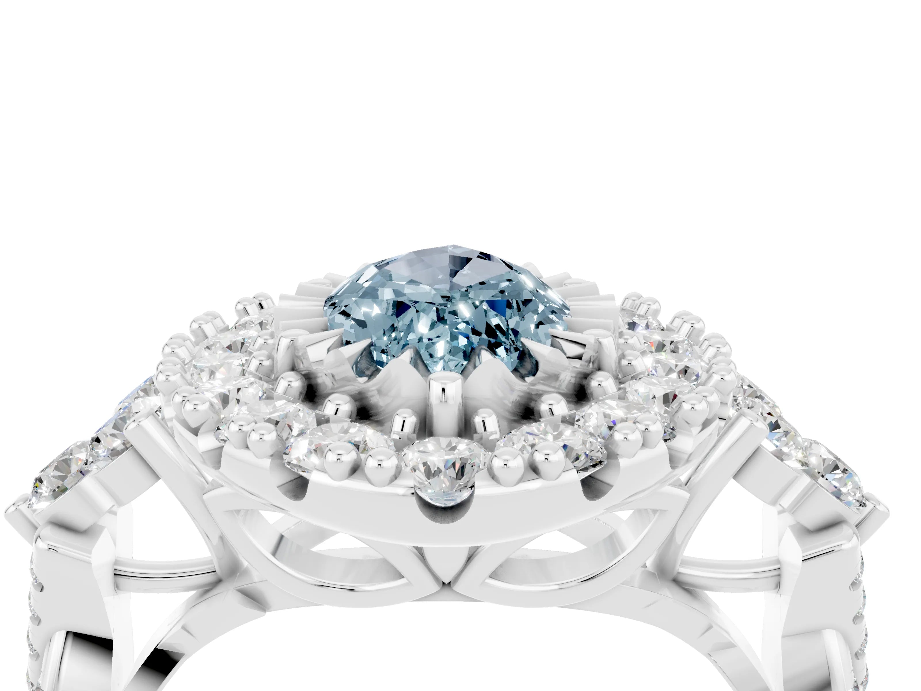 White gold Marquise Cut Aquamarine Halo Ring with Pavé Band and Four-Prong Setting_16