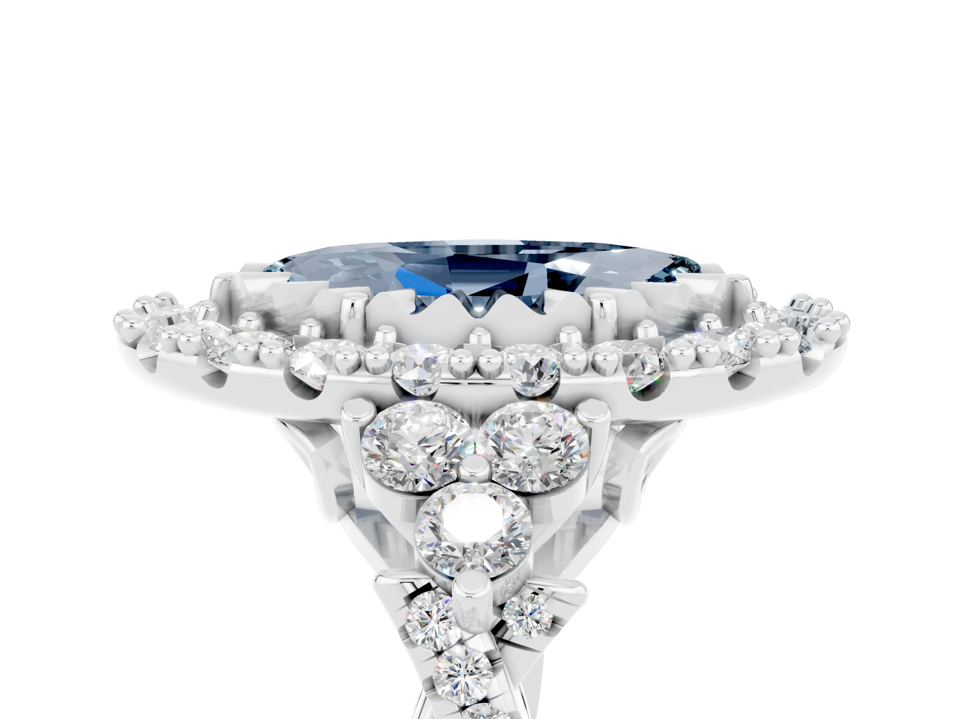 White gold Marquise Cut Aquamarine Halo Ring with Pavé Band and Four-Prong Setting_17