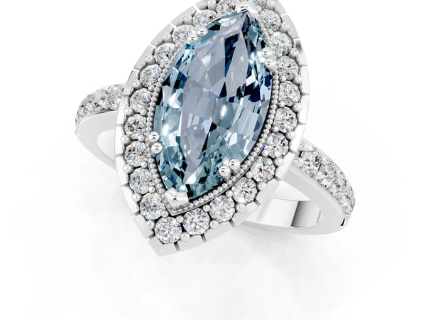 Platinum Marquise Cut Aquamarine Halo Ring with Pavé Band and Prong Setting