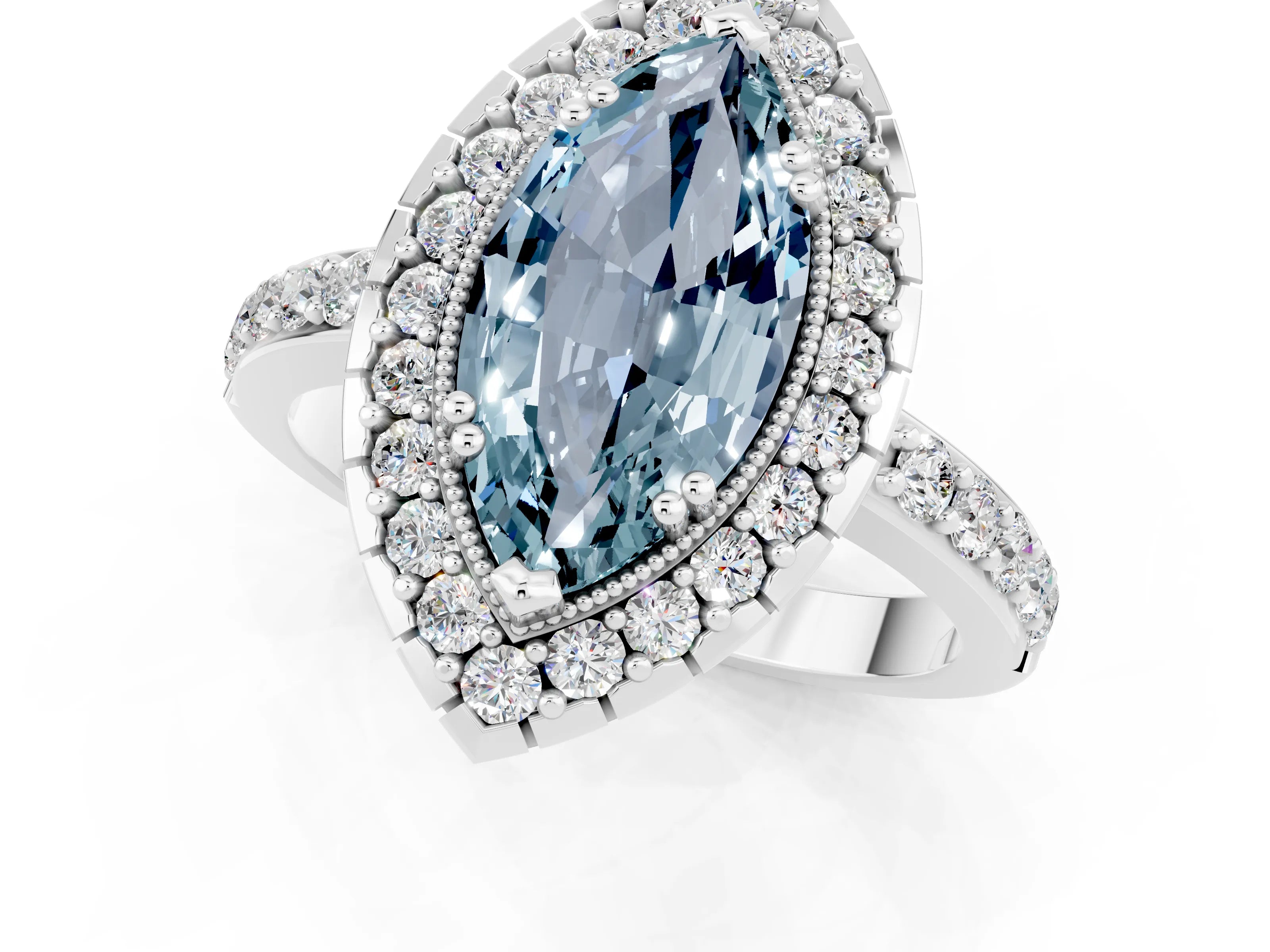 White gold Marquise Cut Aquamarine Halo Ring with Pavé Band and Prong Setting_1