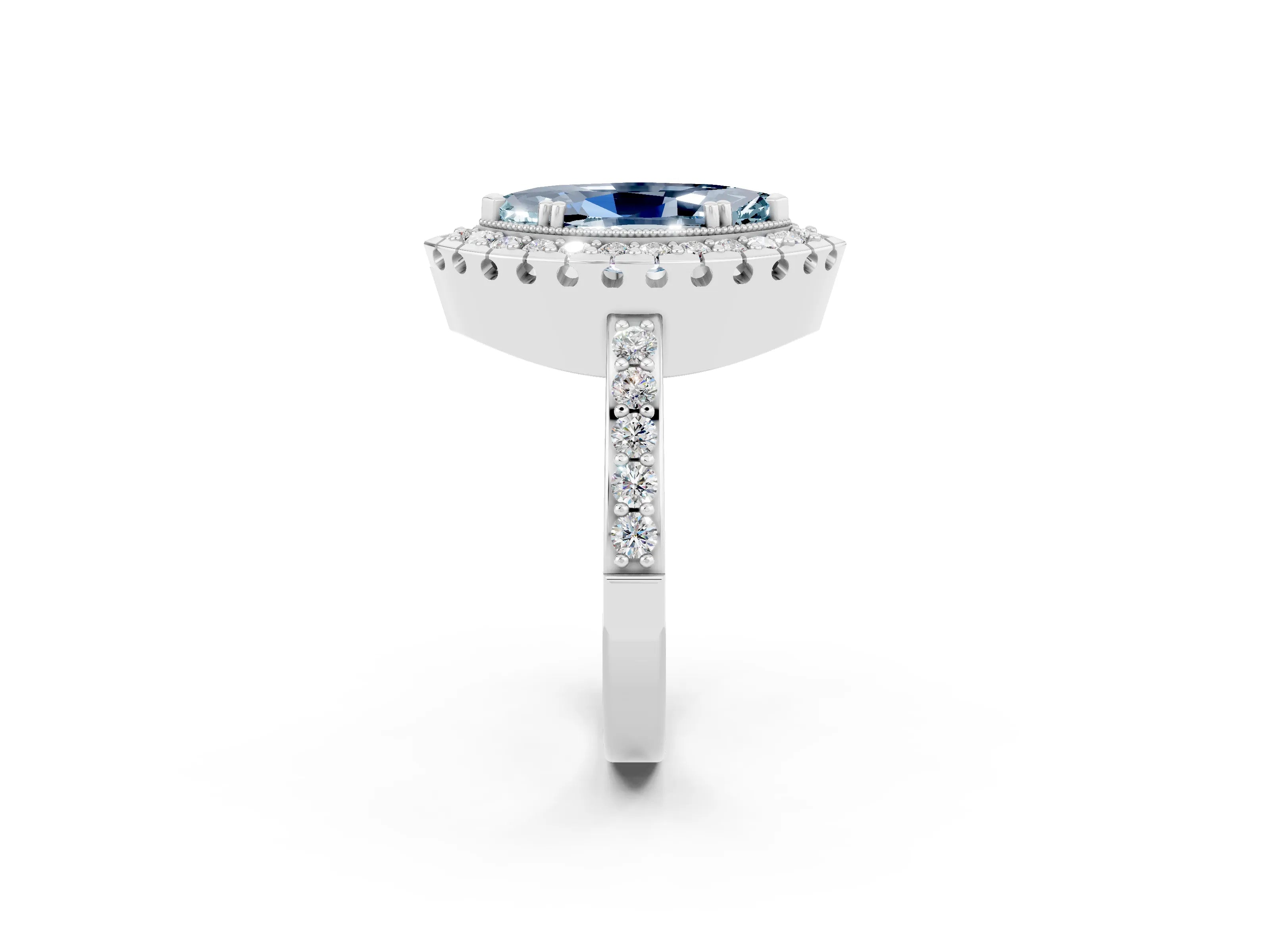 White gold Marquise Cut Aquamarine Halo Ring with Pavé Band and Prong Setting_2