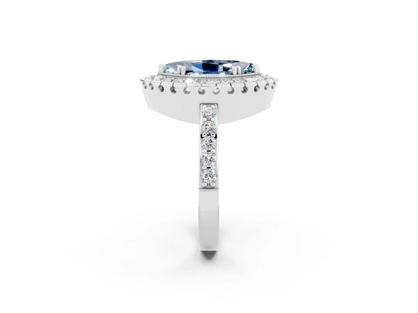 Platinum Marquise Cut Aquamarine Halo Ring with Pavé Band and Prong Setting
