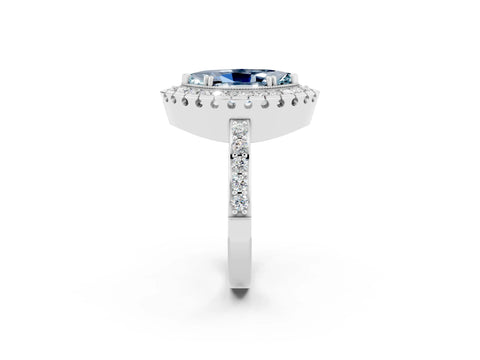 White gold Marquise Cut Aquamarine Halo Ring with Pavé Band and Prong Setting_2