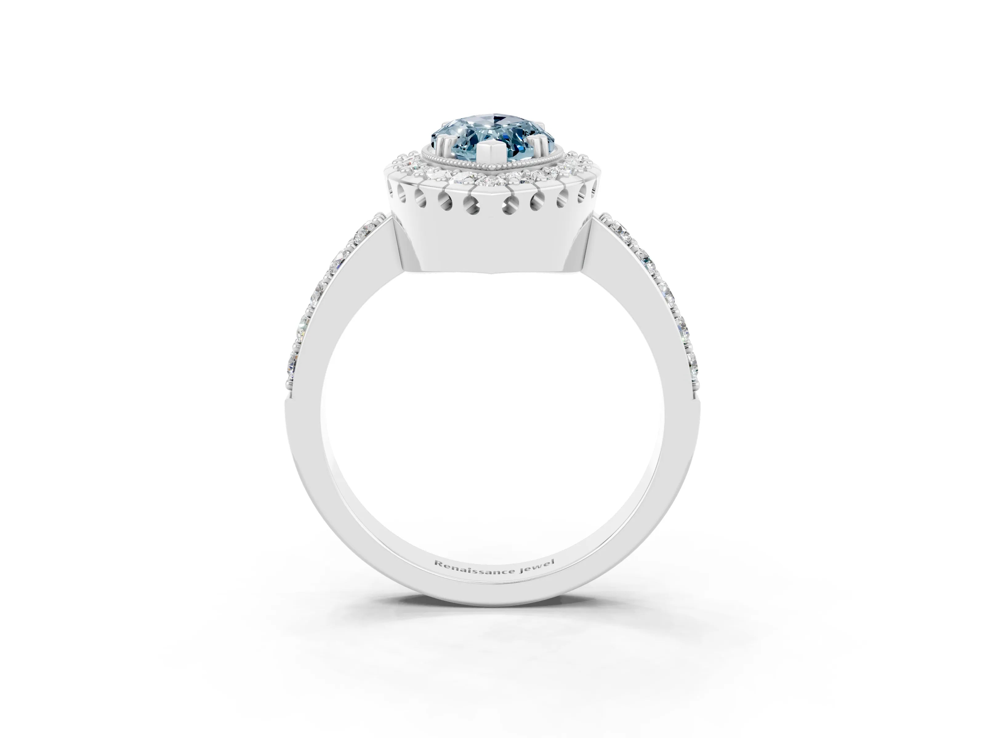 White gold Marquise Cut Aquamarine Halo Ring with Pavé Band and Prong Setting_3