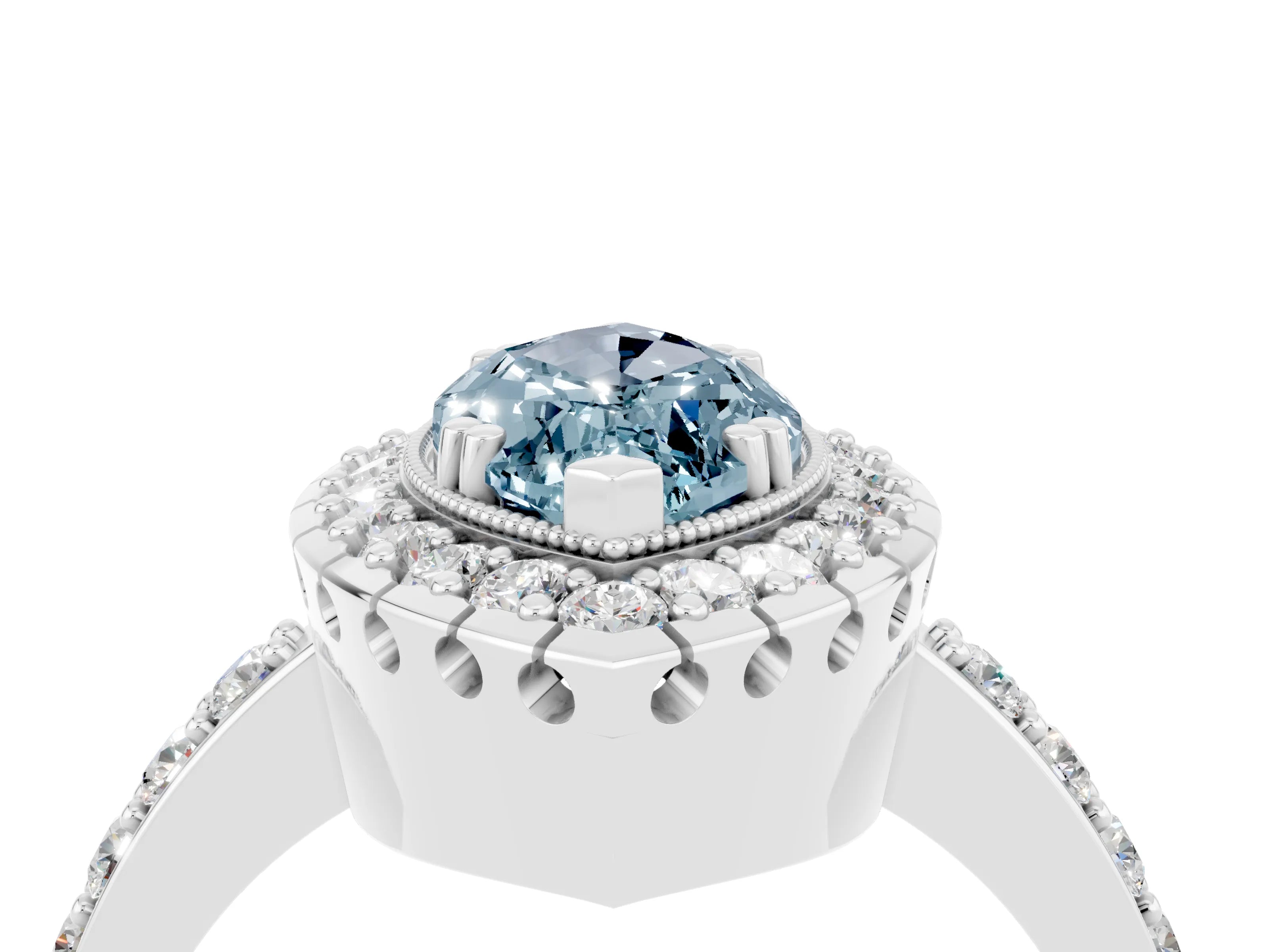 White gold Marquise Cut Aquamarine Halo Ring with Pavé Band and Prong Setting_4