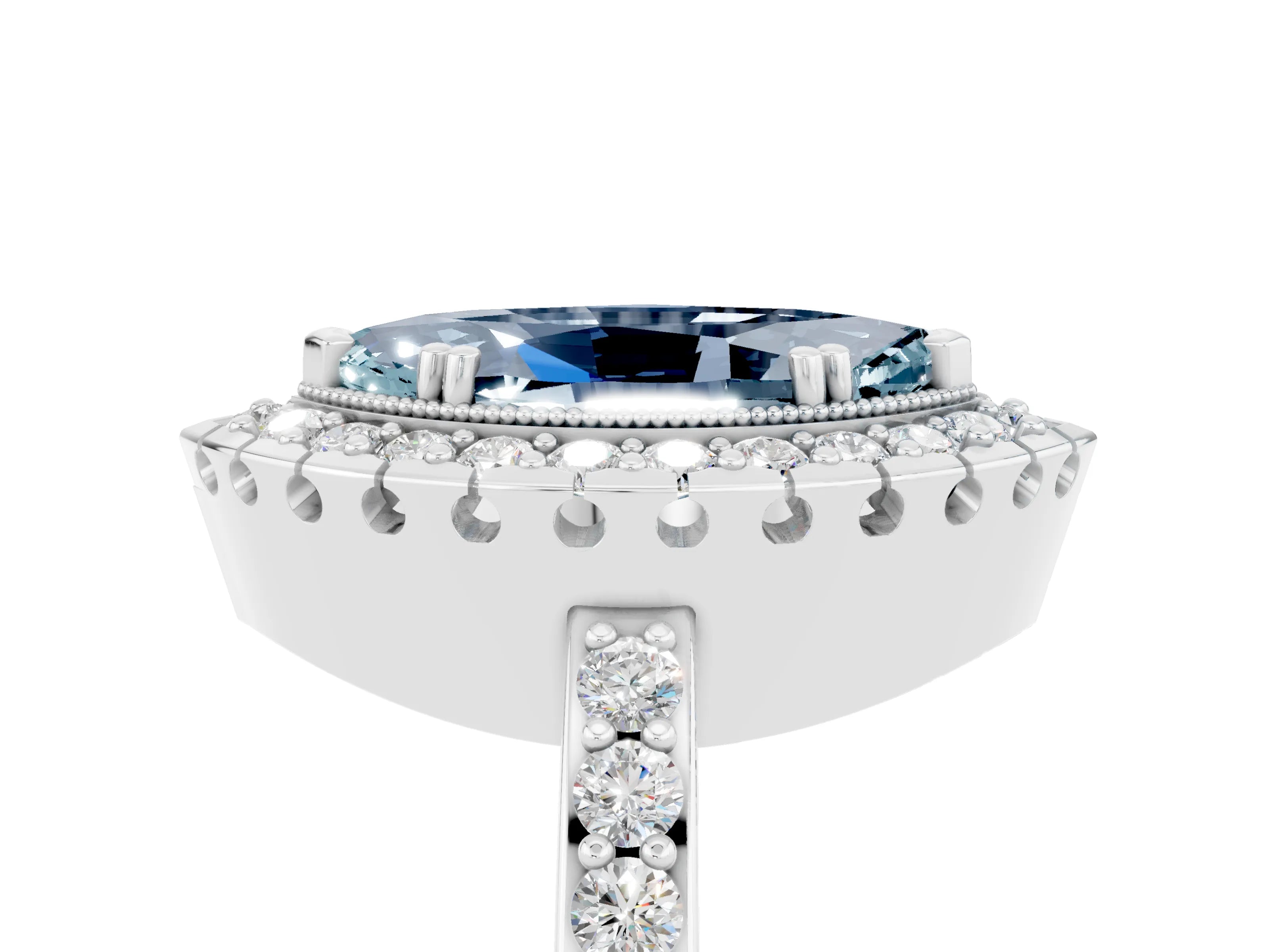 White gold Marquise Cut Aquamarine Halo Ring with Pavé Band and Prong Setting_5