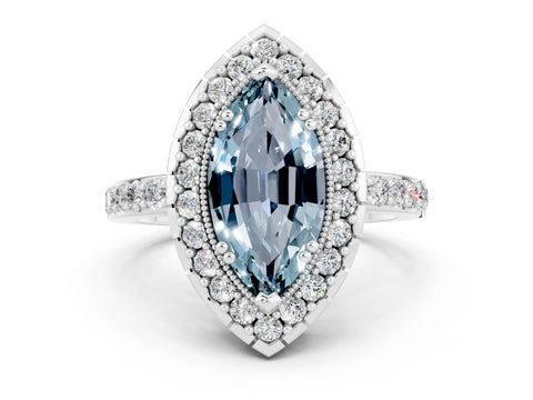 White gold Marquise Cut Aquamarine Halo Ring with Pavé Band and Prong Setting