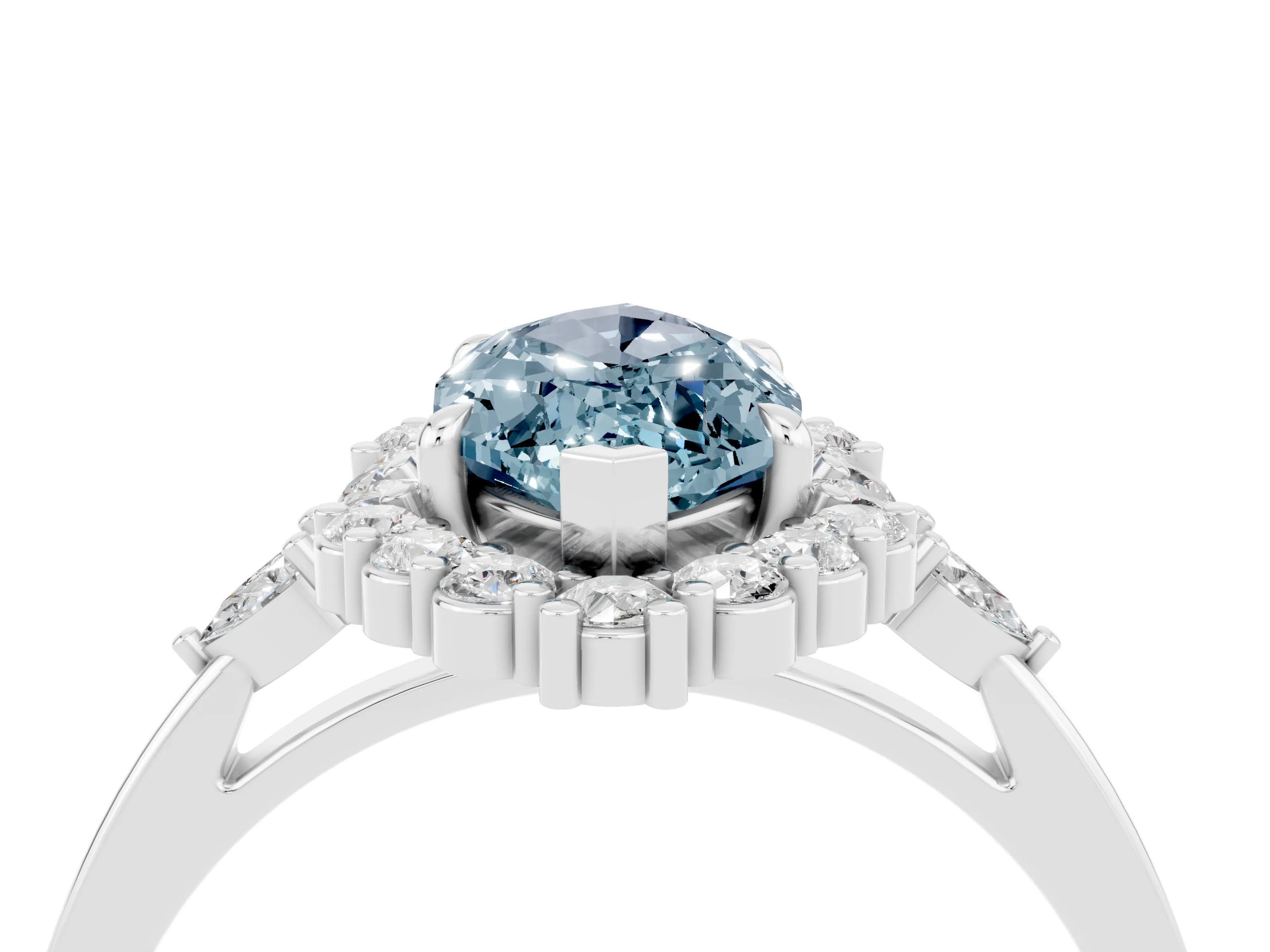 White gold Marquise Cut Aquamarine Halo Ring with Pear Side Stones and Prong Setting_28