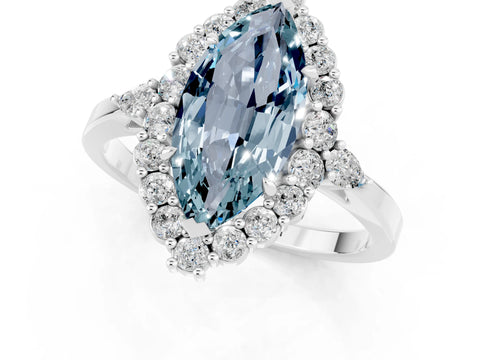 White gold Marquise Cut Aquamarine Halo Ring with Pear Side Stones and Prong Setting_35