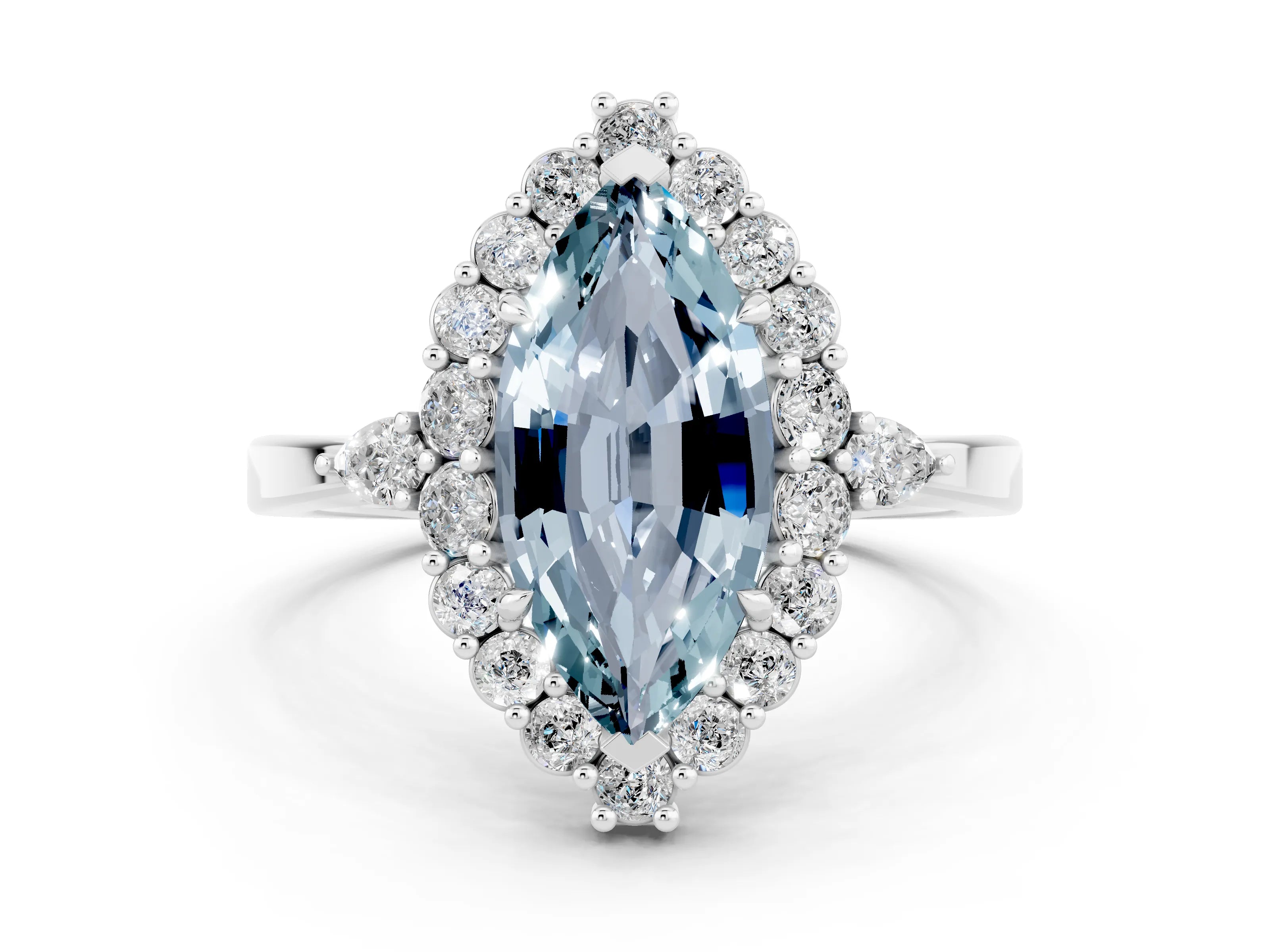 White gold Marquise Cut Aquamarine Halo Ring with Pear Side Stones and Prong Setting_36