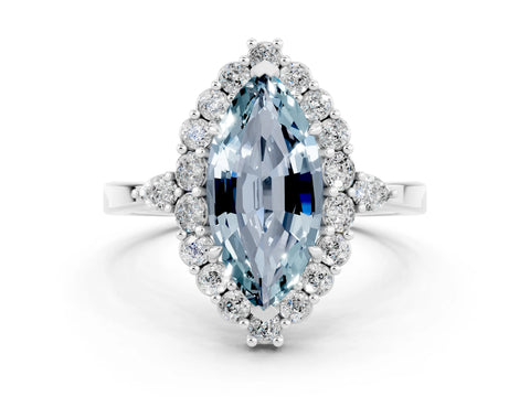 White gold Marquise Cut Aquamarine Halo Ring with Pear Side Stones and Prong Setting_36