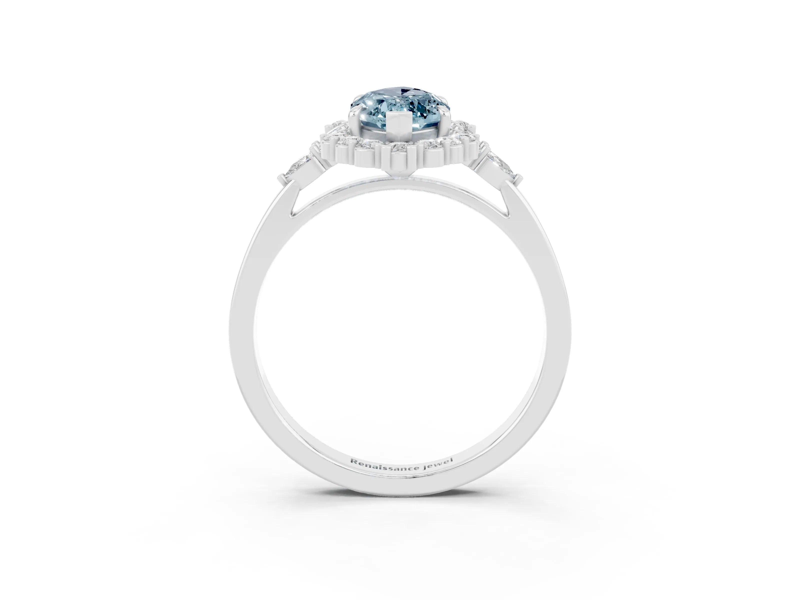 White gold Marquise Cut Aquamarine Halo Ring with Pear Side Stones and Prong Setting_39