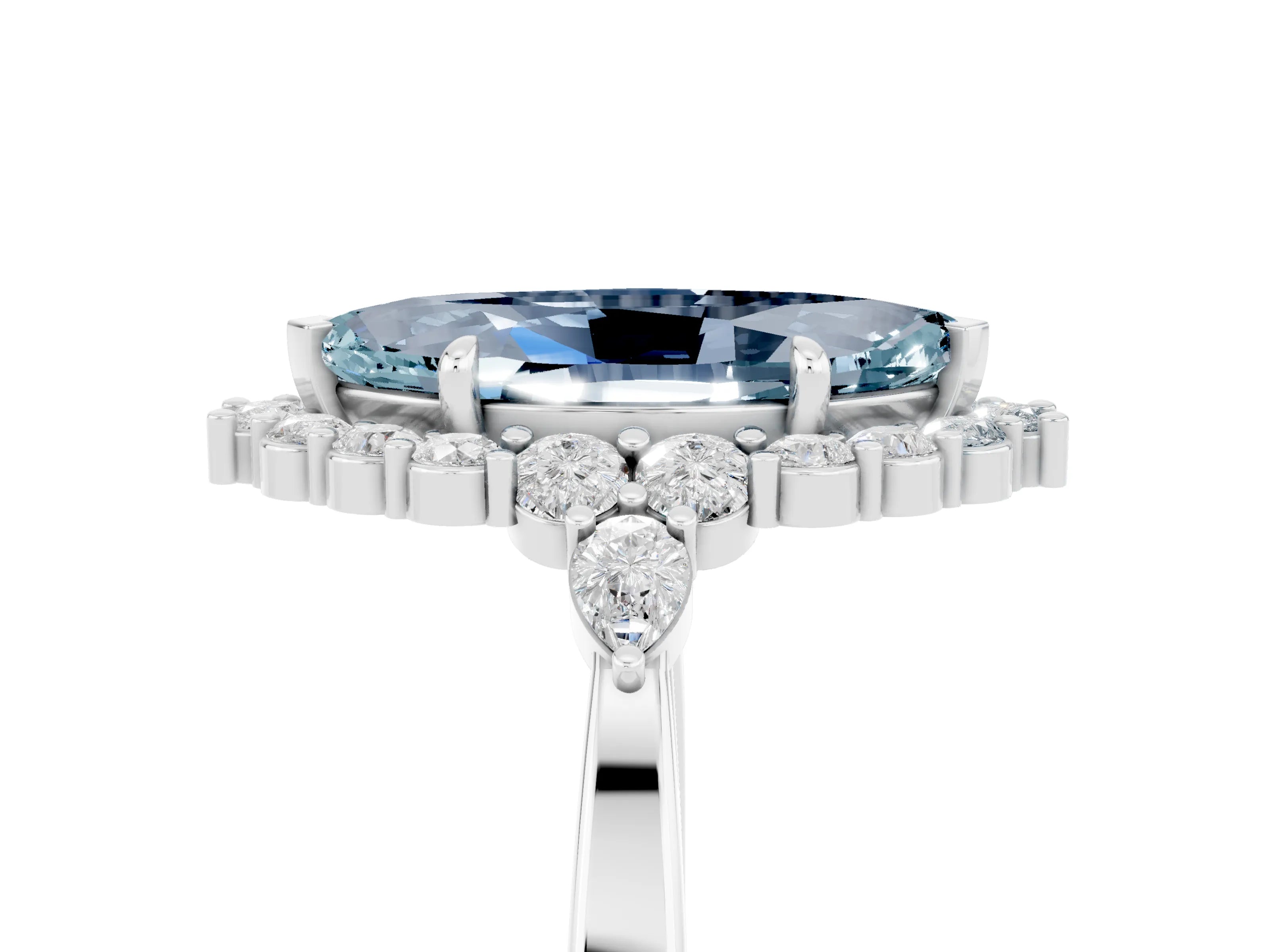 White gold Marquise Cut Aquamarine Halo Ring with Pear Side Stones and Prong Setting_41