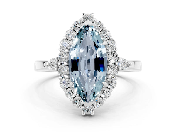 Platinum Marquise Cut Aquamarine Halo Ring with Pear Side Stones and Prong Setting