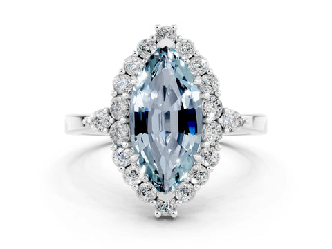 White gold Marquise Cut Aquamarine Halo Ring with Pear Side Stones and Prong Setting_48