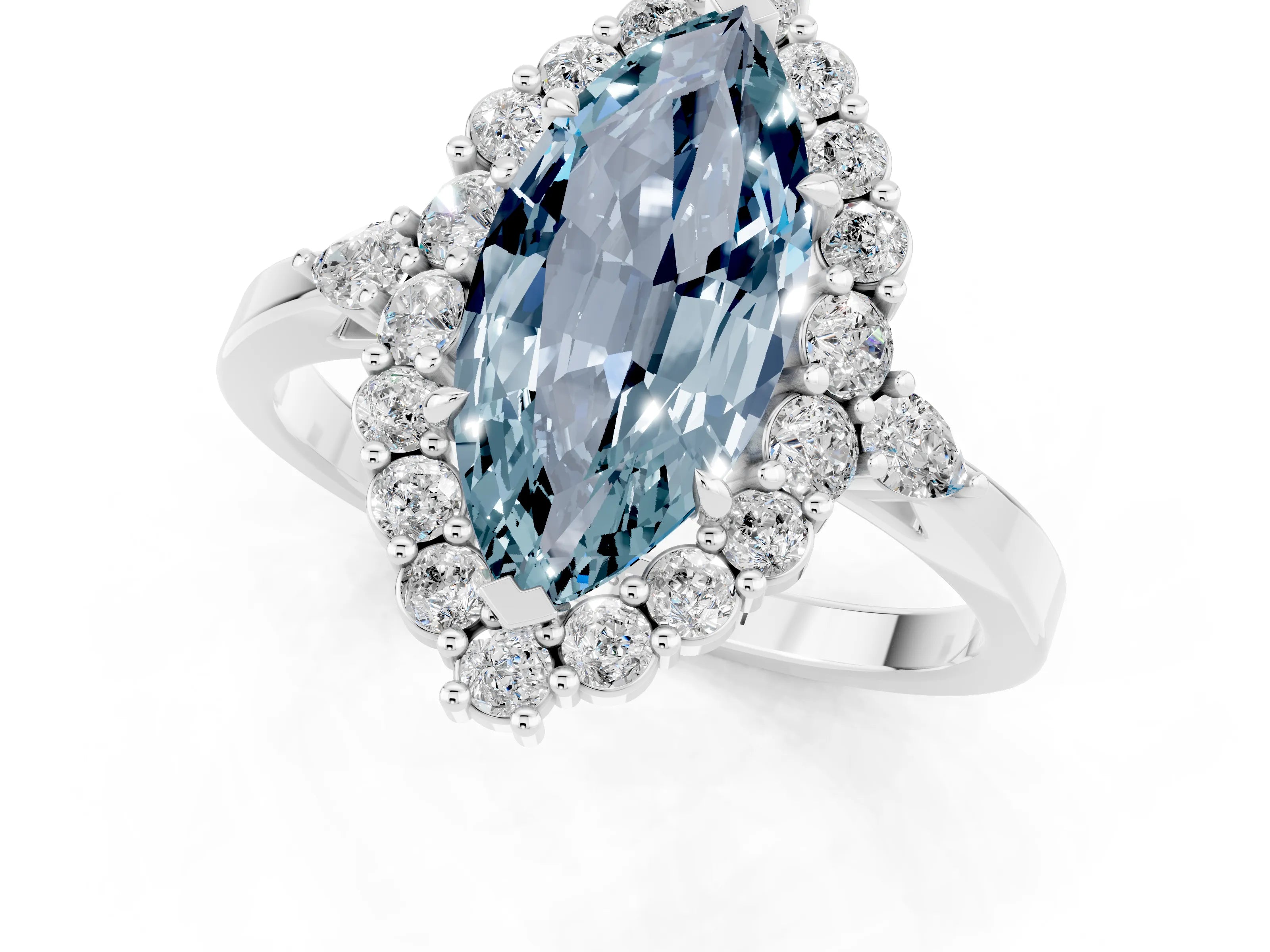 White gold Marquise Cut Aquamarine Halo Ring with Pear Side Stones and Prong Setting_49