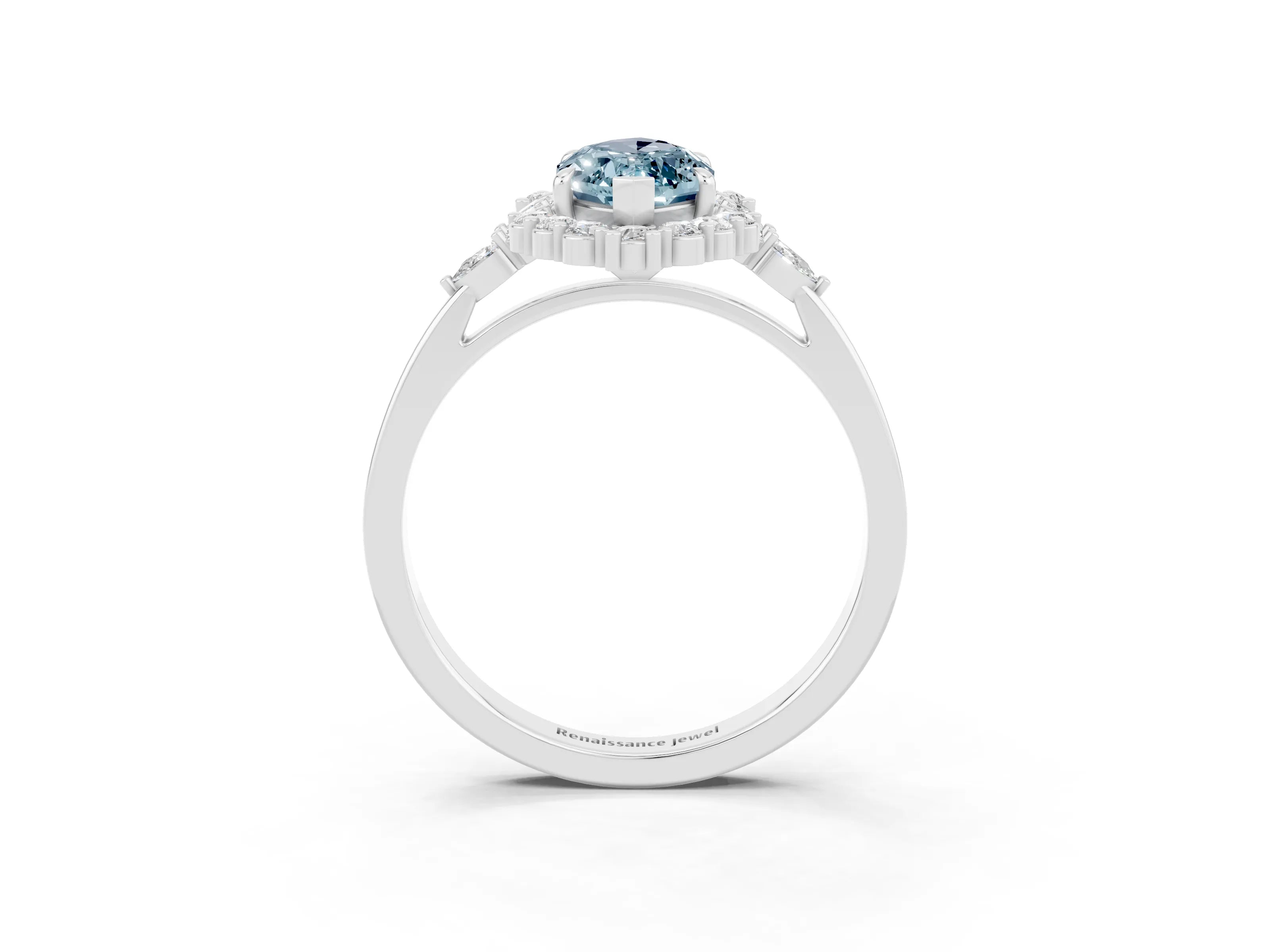 White gold Marquise Cut Aquamarine Halo Ring with Pear Side Stones and Prong Setting_51