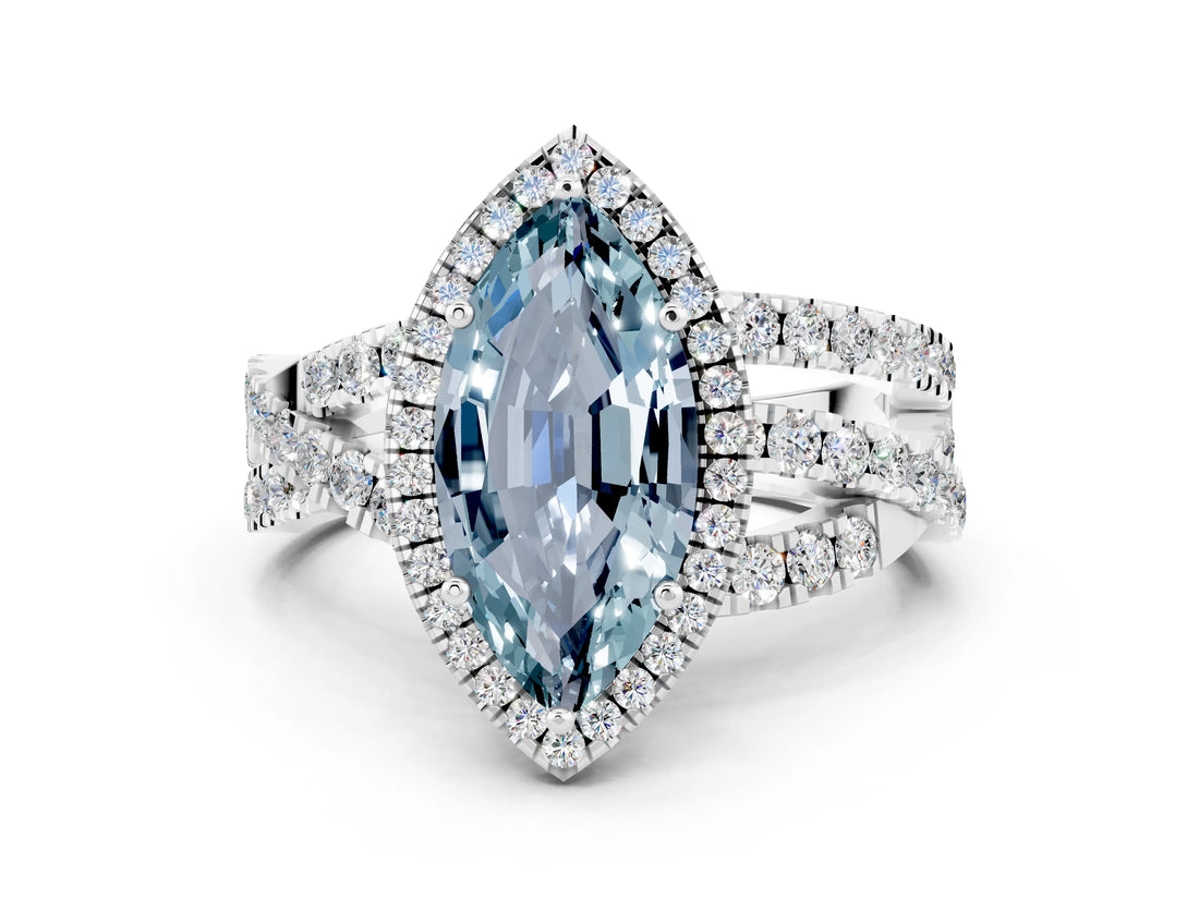 White gold Marquise Cut Aquamarine Halo Ring with Round Split Shank and Prong Setting_66