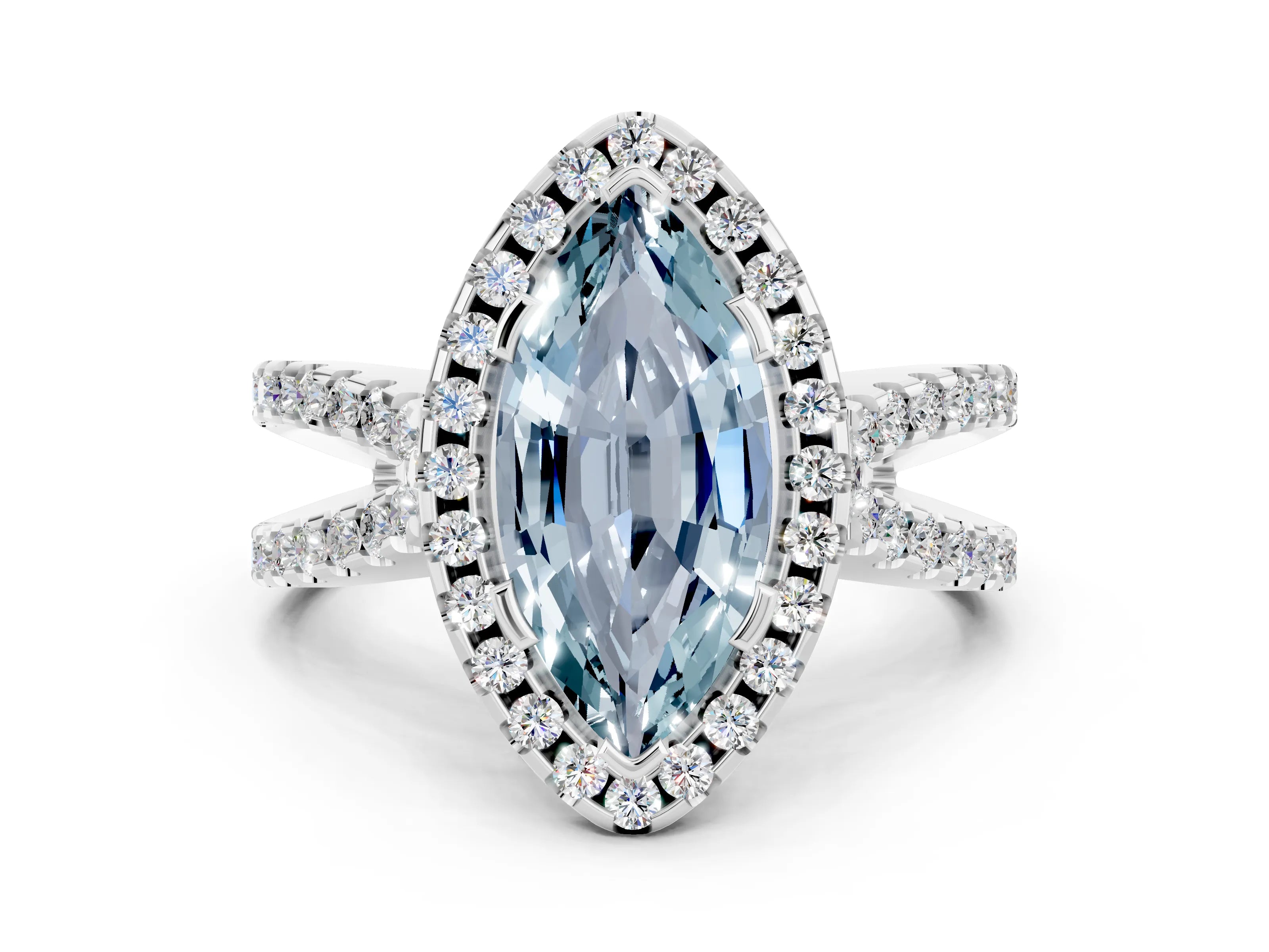 White gold Marquise Cut Aquamarine Halo Ring with Split Shank Pavé Band and Prong Setting