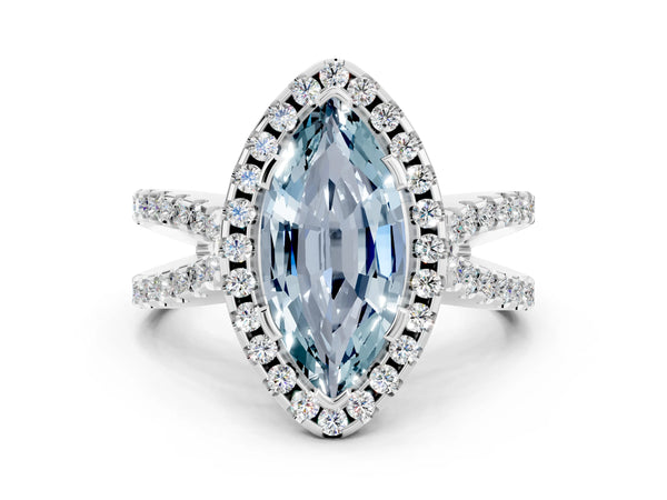 Platinum Marquise Cut Aquamarine Halo Ring with Split Shank Pavé Band and Prong Setting